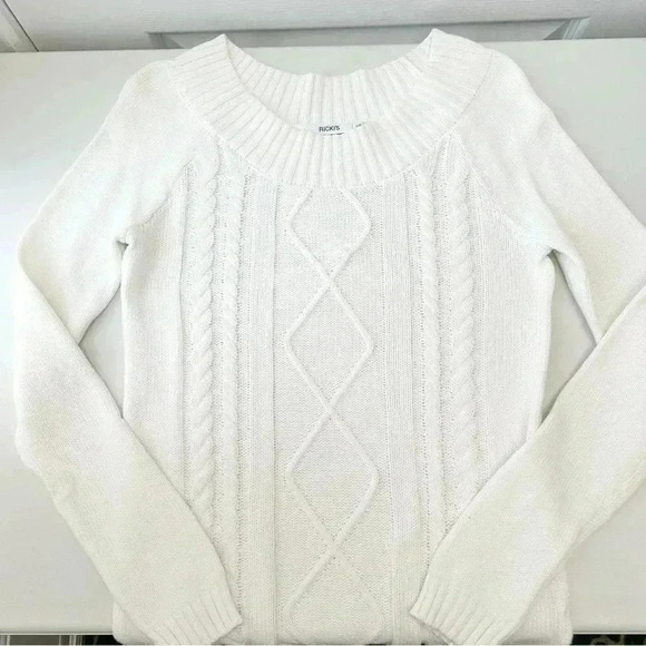 Ricki’s Cable Knit Sweater Boat Neck Cotton Pullover Ivory Size Small - Picture 12 of 14